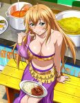  1girl alternate_costume antenna_hair arm_support asymmetrical_sleeves bangs blonde_hair blue_eyes blush bracelet breasts chili_pepper cleavage closed_mouth collarbone eating floral_print food food_on_face front_slit hair_between_eyes ikkitousen jewelry large_breasts long_hair messy_hair midriff navel print_bandeau purple_skirt purple_sleeves see-through see-through_sleeves shiny shiny_hair sitting skirt solo sonsaku_hakufu stomach straight_hair very_long_hair yellow_bandeau 