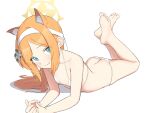  1girl alternate_costume animal_ear_fluff animal_ears bare_arms bare_legs bare_shoulders barefoot bikini blue_archive blue_eyes blush butt_crack closed_mouth collarbone commentary feet flat_chest fox_ears halo headband highres long_hair looking_at_viewer lying mari_(blue_archive) micro_bikini on_stomach orange_hair shin_(shincrz) simple_background smile solo string_bikini swimsuit the_pose toes white_background white_bikini 