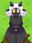  anthro areola big_breasts black_body black_skin blush bovid breasts caprine cel_shading curvy_figure digital_media_(artwork) feild female fluffy fluffy_hair flustered fur genitals grass hair hands_behind_back horn jammedvhs legs_together looking_at_viewer looking_up looking_up_at_viewer mable_(nyta) mammal navel nervous nipples nude outside plant pubes pussy shaded sheep sheep_ears short_stack simple_background sitting slightly_chubby smile solo stump thick_thighs tree tree_stump tuft voluptuous white_body white_fur white_hair white_wool wide_hips wool_(fur) wool_hair yellow_eyes 