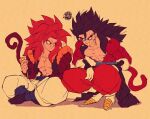  bare_pectorals biceps black_hair blue_eyes blue_sash body_fur brown_fur dragon_ball dragon_ball_gt dragon_ball_heroes earrings fusion fusion_dance gogeta highres jewelry metamoran_vest monkey_boy monkey_tail no_nipples obi pectorals potara_earrings red_fur relio_db318 sash spiked_hair super_saiyan super_saiyan_4 tail vegetto vegetto_(xeno) 