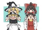  2girls apron ascot black_headwear black_skirt black_vest blonde_hair blue_background bow braid brown_eyes cheek_pinching cheek_squash cowboy_shot detached_sleeves dress frilled_bow frilled_hair_tubes frills hair_bow hair_tubes hakurei_reimu hat hat_bow high_ponytail inuno_rakugaki kirisame_marisa long_hair looking_at_viewer medium_hair multiple_girls pinching red_bow red_dress shirt single_braid skirt touhou vest waist_apron white_apron white_background white_shirt white_sleeves wide_sleeves witch_hat yellow_ascot yellow_eyes yukkuri_shiteitte_ne 