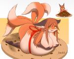  absurd_res amber_eyes anthro belly big_belly big_breasts bloated bow_ribbon breasts brownies canid canine digital_media_(artwork) female female_anthro fox fur hair hand_on_breast hi_res kemono looking_at_viewer mammal miyako_(spellsx) multi_tail nude orange_body orange_fur overweight overweight_anthro overweight_female ribbons simple_background snacksterslab solo stuffing weight_gain white_body white_fur 