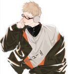  1boy black_jacket blonde_hair brown_eyes haikyuu!! hand_on_own_cheek hand_on_own_face headphones highres jacket jersey karasuno_volleyball_uniform kinsatsu_(grizzled) lips long_sleeves looking_at_viewer male_focus parted_lips short_hair solo sweater tsukishima_kei upper_body white_sweater 