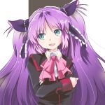  1girl black_jacket blue_eyes blue_ribbon bow commentary_request crossed_arms facing_viewer hair_ribbon happy_birthday jacket little_busters! long_hair looking_back pink_bow purple_hair ribbon sasasegawa_sasami school_uniform scp sideways_glance solo twintails 
