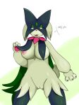  anthro breasts cactuscacti english_text female generation_9_pokemon genitals looking_at_viewer meowscarada nintendo nipples open_mouth pokemon pokemon_(species) pussy simple_background solo solo_focus text video_games 