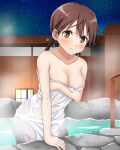  1girl artist_request blush breasts brown_eyes brown_hair closed_mouth collarbone gertrud_barkhorn hair_ribbon large_breasts looking_at_viewer naked_towel official_art onsen ribbon shiny shiny_hair shiny_skin sky solo star_(sky) starry_sky strike_witches towel twintails world_witches_series 