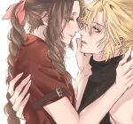  aerith_gainsborough aqua_eyes bangs bare_shoulders blonde_hair blush braid braided_ponytail brown_hair cloud_strife couple dress final_fantasy final_fantasy_vii final_fantasy_vii_remake green_eyes hair_between_eyes hair_ribbon hand_on_another&#039;s_back hand_on_another&#039;s_cheek hand_on_another&#039;s_face hetero highres jacket long_hair looking_at_another parted_bangs parted_lips pink_dress pink_ribbon poffg_7 red_jacket ribbon short_hair short_sleeves sidelocks sleeveless sleeveless_turtleneck smile turtleneck upper_body wavy_hair white_background 