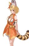  1girl absurdres alternate_costume animal_ear_fluff animal_ears arms_behind_back bangs bare_shoulders blonde_hair breasts buttons commentary detached_sleeves double-breasted extra_ears hair_between_eyes highres kemono_friends medium_breasts orange_eyes puffy_detached_sleeves puffy_sleeves serval_(kemono_friends) short_hair simple_background solo tail tanabe_(fueisei) white_background wrist_cuffs 