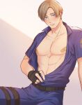  1boy bandaid bandaids_on_nipples bangs belt black_belt black_gloves blonde_hair blue_eyes blue_pants blue_shirt blush collarbone collared_shirt cowboy_shot dbox_2525 fingerless_gloves gloves grey_background highres leon_s._kennedy looking_at_viewer male_focus open_clothes open_shirt pants parted_bangs pasties pectorals police police_uniform resident_evil resident_evil_2 shirt short_hair short_sleeves sitting solo sweatdrop thigh_strap uniform 