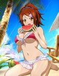  1girl bachou_mouki bangs bare_arms bare_legs barefoot beach bikini blue_scrunchie blue_sky blush breasts brown_eyes brown_hair cleavage day dutch_angle eating food frilled_bikini frills front-tie_bikini_top front-tie_top fruit hair_ornament hair_scrunchie hairclip high_ponytail ikkitousen large_breasts long_hair ocean open_mouth outdoors palm_tree red_bikini ribbon scrunchie shiny shiny_hair shiny_skin sideboob sitting sky solo summer sunlight swept_bangs swimsuit tree underboob wariza watermelon white_ribbon 