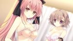  2girls black_bow blurry blurry_background bow bra breasts brown_hair cleavage closed_mouth collarbone frilled_bra frills game_cg hair_bow indoors long_hair looking_at_viewer looking_down medium_breasts medium_hair multiple_girls nanami_nanai nishimata_aoi open_mouth pink_hair ponytail red_eyes shiny shiny_hair suzuhira_hiro tsuki_ni_yorisou_otome_no_sahou underwear underwear_only upper_body very_long_hair white_bra yanagase_minato yellow_bra yellow_eyes 