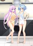  2girls absurdres alexstardust31 alternate_costume apron arm_behind_back bare_legs bare_shoulders blue_bow blue_eyes blue_hair blush bow breasts cleavage commission full_body hair_between_eyes hand_on_hip hand_up headgear highres hip_focus indoors kitchen leg_up long_hair looking_at_viewer medium_breasts multiple_girls naked_apron neptune_(series) no_bra no_panties no_pants pink_hair power_symbol purple_sister red_eyes short_hair_with_long_locks small_breasts smile standing standing_on_one_leg symbol-shaped_pupils very_long_hair white_apron white_heart yellow_apron 