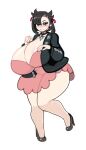  1girl black_footwear breasts curvy desgardes full_body high_heels highres huge_breasts marnie_(pokemon) pokemon shoes simple_background smile solo standing 