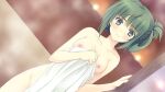  1girl bangs blue_eyes breasts closed_mouth collarbone dutch_angle frown game_cg green_hair hair_between_eyes indoors long_hair looking_at_viewer medium_breasts nipples nishimata_aoi nude shiny shiny_hair solo standing steam sugimura_hokuto suzuhira_hiro towel tsuki_ni_yorisou_otome_no_sahou 