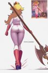  1girl ass back blonde_hair boots clenched_hand crown dynamic_pose full_body gloves highres hip_focus latex latex_boots looking_back mario_(series) princess_peach shinjinou1 solo thighs walking weapon 