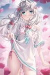  1girl bangs blue_sky bow breasts closed_mouth clothes_lift cloud commentary_request cowboy_shot eromanga_sensei green_eyes grey_hair hair_bow highres izumi_sagiri lifted_by_self lips long_hair looking_at_viewer low-tied_long_hair myless off_shoulder oversized_clothes oversized_shirt panties pedal pink_bow pink_nails pink_panties shirt shirt_lift side-tie_panties sky small_breasts solo straight-on underwear white_shirt 