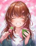  1girl ^_^ aqua_jacket brown_hair cherry_blossoms closed_eyes collarbone dango facing_viewer food grin highres holding holding_food jacket long_hair long_sleeves open_clothes open_jacket original piroshiki123 shiny shiny_hair shirt smile solo straight_hair upper_body wagashi white_shirt 