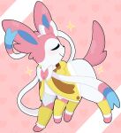 ambiguous_gender clothing eeveelution eyes_closed feral fur generation_6_pokemon hi_res holowear_(pokemon) luvbunny nintendo pink_background pink_body pink_fur pokemon pokemon_(species) pokemon_unite poncho simple_background solo sparkles sylveon video_games 