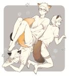  3boys animal_ears barefoot brown_eyes fox_ears fox_tail glasses haikyuu!! kuroo_tetsurou male_focus multiple_boys open_mouth paw_print shirt short_hair short_sleeves shorts t-shirt tail teeth tongue tsukishima_kei upper_teeth wai yamaguchi_tadashi 