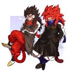  2boys blue_eyes blue_scarf breath coat dragon_ball dragon_ball_gt dragon_ball_heroes dragon_ball_super dragon_ball_super_broly earrings fusion gloves gogeta highres jewelry monkey_boy monkey_tail multiple_boys outdoors potara_earrings red_scarf relio_db318 scarf snow snowflakes snowing spiked_hair super_saiyan super_saiyan_4 tail vegetto vegetto_(xeno) winter winter_clothes 