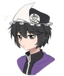  1other androgynous bangs black_hair black_headwear black_shirt closed_mouth commentary frilled_hat frills grey_eyes hat highres jacket kanji len&#039;en open_clothes open_jacket portrait purple_jacket shirt shitodo_kuroji short_hair simple_background solo translation_request white_background yuejiao_tuan 