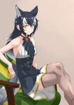  1girl absurdres alternate_costume animal_ear_fluff animal_ears ascot bare_arms bare_shoulders black_dress black_hair blue_eyes brooch commentary crossed_legs dress extra_ears gem grey_wolf_(kemono_friends) hair_between_eyes heterochromia highres jewelry kemono_friends long_hair looking_at_viewer multicolored_hair seat sitting sleeveless sleeveless_dress smile solo tail tanabe_(fueisei) thighhighs two-tone_hair white_hair wolf_ears wolf_girl wolf_tail yellow_eyes 