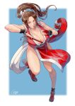  absurdres arm_guards bouncing_breasts breasts brown_eyes brown_hair cirenk fatal_fury folding_fan hand_fan high_ponytail highres holding holding_fan large_breasts looking_at_viewer ninja pelvic_curtain ponytail revealing_clothes rope shiranui_mai simple_background snk the_king_of_fighters 