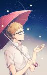  1boy blonde_hair brown_eyes glasses haikyuu!! holding holding_umbrella male_focus night night_sky polka_dot polka_dot_umbrella red_umbrella shirt short_hair short_sleeves sky solo standing star_(sky) star_(symbol) tsukishima_kei umbrella upper_body wai white_shirt 