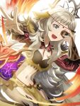 1girl bangs black_feathers blonde_hair bodystocking book breasts circlet cleavage detached_collar feathers fire_emblem fire_emblem_fates fire_emblem_heroes grey_eyes hair_ornament highres hip_armor holding holding_book long_hair looking_at_viewer medium_breasts navel o-ring official_alternate_costume ophelia_(fire_emblem) pantyhose pelvic_curtain pochi_(furaigonn) puffy_sleeves shoulder_pads smile solo swept_bangs teeth 