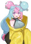  1girl absurdres aqua_hair bow-shaped_hair character_hair_ornament hair_ornament hexagon_print highres iono_(pokemon) jacket long_hair low-tied_long_hair multicolored_hair oversized_clothes pink_eyes pink_hair pocari_(sq551) pokemon pokemon_(game) pokemon_sv sleeves_past_fingers sleeves_past_wrists solo teeth twintails two-tone_hair very_long_hair yellow_jacket 
