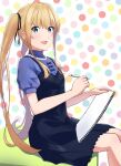  1girl :d bangs black_bow black_dress black_ribbon blonde_hair blue_eyes blue_shirt bow dress fang hair_ribbon holding holding_pen jewelry kikuwata long_hair necklace open_mouth pen pinafore_dress ribbon saenai_heroine_no_sodatekata sawamura_spencer_eriri shiny shiny_hair shirt short_dress short_sleeves sitting skin_fang sleeveless sleeveless_dress smile solo twintails very_long_hair 