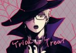  1boy black_nails blonde_hair brown_eyes crescent crescent_earrings earrings glasses haikyuu!! halloween hat jewelry looking_at_viewer male_focus open_mouth short_hair single_earring solo teeth trick_or_treat tsukishima_kei upper_body upper_teeth wai witch_hat 