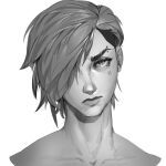  1girl arcane:_league_of_legends arcane_vi eyebrow_piercing facial_tattoo highres league_of_legends looking_at_viewer monochrome one_eye_covered piercing portrait short_hair simple_background solo tattoo vi_(league_of_legends) zacchud 