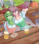  2girls alcohol animal_ears arthropod_girl artist_name beer black_sclera brown_hair bug collarbone colored_sclera colored_skin dirndl dress food food_on_face german_clothes green_hair green_skin hand_on_another&#039;s_shoulder highres hug long_hair looking_at_object md5_mismatch monster_girl moth moth_girl moth_wings multiple_girls niftyrobo oktoberfest original purple_eyes raccoon_ears raccoon_girl raccoon_tail self_upload selfie short_hair smile tail wings yellow_eyes 