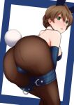  1girl animal_ears ass ass_focus blue_gloves blue_leotard breasts brown_hair ccg842000 character_request copyright_request elbow_gloves fake_animal_ears gloves green_eyes highres large_breasts leotard open_mouth pantyhose playboy_bunny rabbit_ears rabbit_tail solo tail 