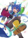  1girl absurdres ahoge animal_ears aqua_hair bangs black_bodysuit blue_eyes blue_hair bodysuit boots clenched_hands confetti foreshortening from_below hair_ribbon heterochromia highres hood hood_down hooded_coat horse_ears horse_girl horse_tail jumping leg_up long_hair long_sleeves looking_at_viewer mearyo multicolored_coat multicolored_hair open_mouth purple_eyes raised_fist ribbon sharp_teeth sidelocks smile solo stuffed_animal stuffed_bunny stuffed_toy tail teeth twin_turbo_(umamusume) twintails two-tone_hair umamusume white_background white_ribbon yellow_footwear 