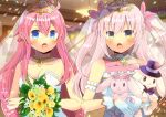  2girls :o bangs bare_shoulders black_headwear blurry blurry_background bouquet braid breasts cleavage collarbone commentary_request covered_collarbone depth_of_field dress fang flower flower_knight_girl gloves hair_between_eyes hat heart heart_hands holding holding_bouquet indoors kou_hiyoyo long_hair medium_breasts multiple_girls object_hug pink_hair sleeveless sleeveless_dress strapless strapless_dress stuffed_animal stuffed_bunny stuffed_toy tiara top_hat two_side_up veil very_long_hair white_dress white_flower white_gloves yellow_flower 