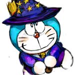  1:1 2016 anthro bell blue_body blue_fur broom broom_riding cleaning_tool clothed clothing collar domestic_cat doraemon doraemon_(character) felid feline felis fur hat headgear headwear looking_at_viewer looking_up machine male mammal mouth_closed mt_tg red_collar red_nose robot shaded simple_background smile solo whiskers white_background white_body white_fur wizard_hat wizard_robe 