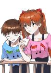  1boy 1girl absurdres brown_hair closed_eyes eating food hair_between_eyes hair_ornament highres ikari_shinji neon_genesis_evangelion official_alternate_costume open_mouth orange_hair sandwich souryuu_asuka_langley yurumenoika_eva 