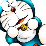  2016 anthro bell blue_body blue_fur collar domestic_cat doraemon doraemon_(character) felid feline felis fur machine male mammal mt_tg one_eye_closed open_mouth pouch_(anatomy) red_collar red_nose robot shaded simple_background solo tongue whiskers white_background white_body white_fur 