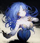  1girl bare_shoulders blue_dress blue_eyes blue_hair breasts cleavage dress from_above gweni highres long_hair looking_at_viewer medium_breasts original smile solo strapless strapless_dress 