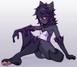  anthro barefoot black_body black_fur black_hair breasts canid clothed clothing coffeechicken dress feet female fur hair looking_at_viewer mammal pawpads paws purple_body purple_fur purple_hair simple_background sitting small_breasts solo yellow_eyes 