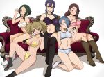  5girls bangs bare_shoulders black_footwear black_gloves boots bra breasts brown_hair cleavage closed_mouth collarbone couch crossed_bangs fingerless_gloves gloves green_hair grin gundam gundam_suisei_no_majo hand_on_another&#039;s_shoulder hand_up haruhisky henao_jazz high_heel_boots high_heels highres holding ireesha_plato knee_boots knees_up large_breasts light_brown_hair light_frown maisie_may multiple_girls navel on_couch one_eye_closed panties pink_bra pink_eyes pink_panties purple_bra purple_panties renee_costa sabina_fardin short_hair_with_long_locks sitting smile sports_bra strap_gap strapless strapless_bra thighs twintails underwear w white_bra white_footwear white_gloves yellow_panties 
