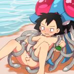  1:1 ambiguous_gender anus ash_ketchum black_hair blush clothing duo fingerless_gloves generation_1_pokemon genitals gloves hair handwear hi_res human male mammal nintendo nude penis pokemon pokemon_(anime) pokemon_(species) tentacruel video_games young 