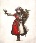 1girl animal_on_arm armor belt bird bird_on_arm boots brown_hair flower full_body gambeson gloves helmet highres long_hair medieval original pouch scabbard sheath shield solo standing sword twintails vanishlily weapon 