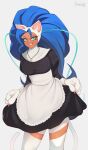  1girl alternate_costume animal_ears animal_hands apron aqua_eyes artist_name blue_hair cat_ears cat_girl darahan dark-skinned_female dark_skin enmaided felicia_(vampire) long_hair looking_at_viewer maid maid_apron smile solo standing thighhighs thighs vampire_(game) white_apron white_thighhighs 