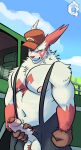  anthro clothing generation_3_pokemon genitals hat headgear headwear hi_res holding_penis looking_at_viewer male male_anthro nintendo nipples overalls penis pokemon pokemon_(species) presenting showing_penis thekinkybear video_games zangoose 