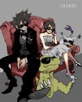 agumon black_bow bow brother_and_sister brown_hair couch digimon digimon_adventure_tri. dress formal grey_background grey_dress on_floor puppppy siblings simple_background sitting sunglasses tailmon yagami_hikari yagami_taichi 