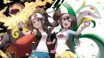  2girls :d antenna_hair bangs baseball_cap black_vest blue_shorts bright_pupils brown_hair commentary_request denim denim_shorts double_bun doughnut_hair_bun emboar falling_leaves fire green_eyes grin hair_bun hand_up hat highres hilda_(pokemon) holding holding_poke_ball leaf long_hair multiple_girls open_clothes open_mouth open_vest poke_ball poke_ball_(basic) pokemon pokemon_(creature) pokemon_(game) pokemon_bw raglan_sleeves rosa_(pokemon) serperior shirt shorts sidelocks sleeveless sleeveless_shirt smile teeth tokumaro tongue twintails upper_teeth vest visor_cap white_headwear white_shirt wristband yellow_shorts 