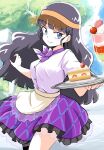  1girl apron bangs black_hair blue_eyes blunt_bangs bow commentary delicious_party_precure food frills highres kasai_amane long_hair precure purple_bow purple_skirt short_sleeves skirt smile solo strawberry_shortcake uraki 